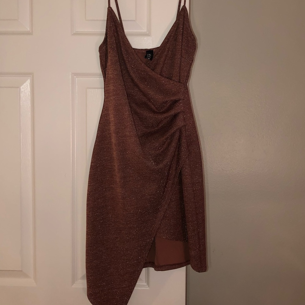 Akira Rose Gold Asymmetrical Shimmer Dress